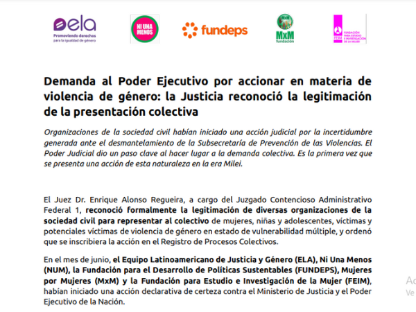 Demanda al Poder Ejecutivo por accionar en materia de violencia de género: la Justicia reconoció la legitimación de la presentación colectiva