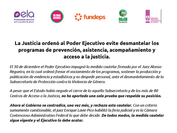 La Justicia ordenó al Poder Ejecutivo evite desmantelar los programas de prevención, asistencia, acompañamiento y acceso a la justicia.